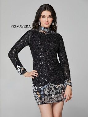Primavera Couture Black Sequin Mini Dress with Mirror Mosaic